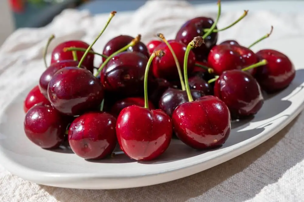 Dark Red Cherries on Plate