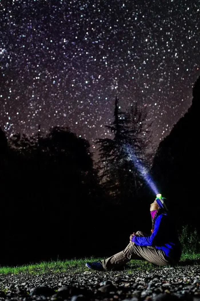 Woman With Headlamp Looking At Stars